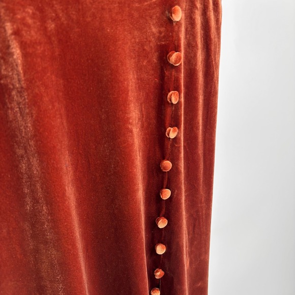 Revelry Billie Velvet Maxi Dress Sz 6 Rust Button High Slit Spaghetti Strap - Picture 7 of 14